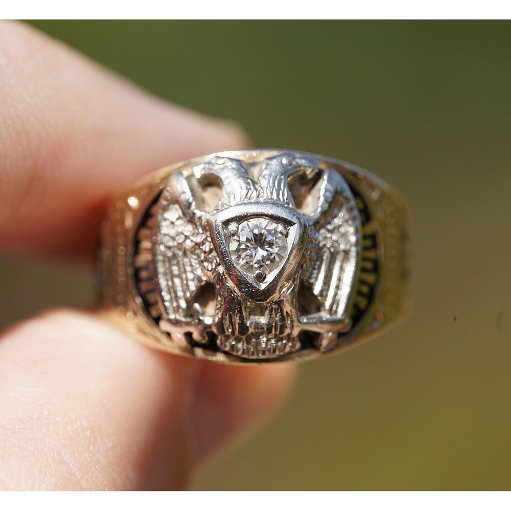 Vintage 10k Solid Gold Men's 32nd Degree Mason High Quality Natural Diamond Ring - Picture 9 of 9